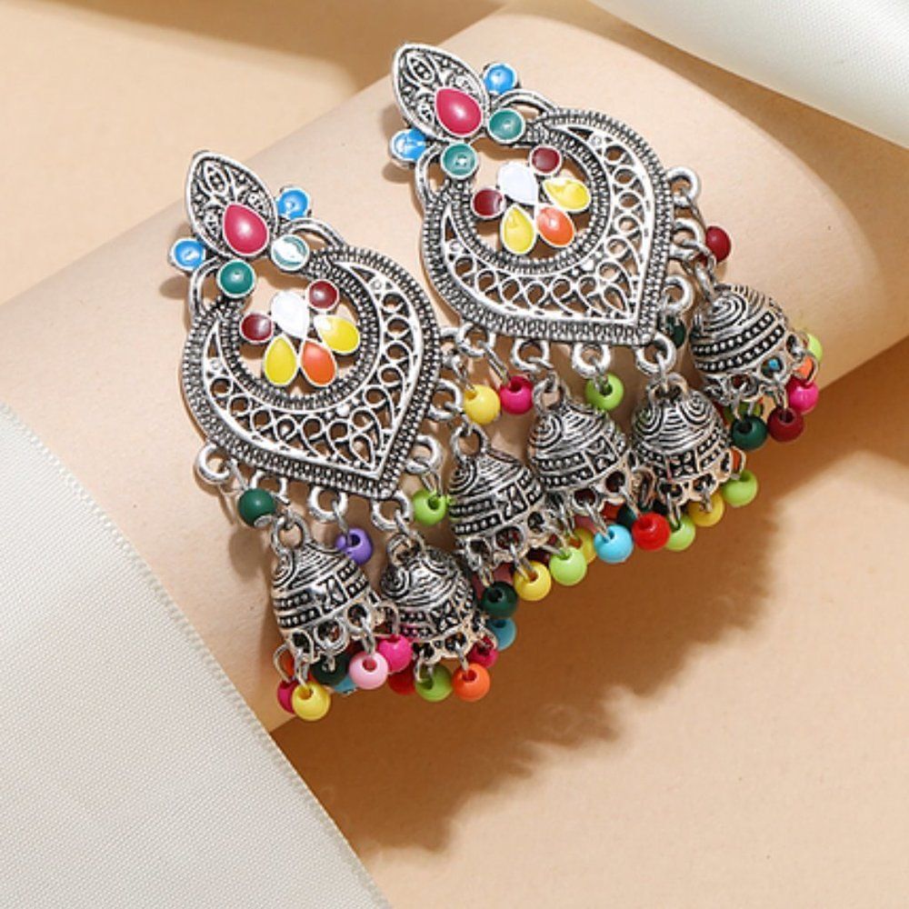 Silver India Style Earrings Dangle Boho Exotic‎ Colorful Vacation Gift Pretty
